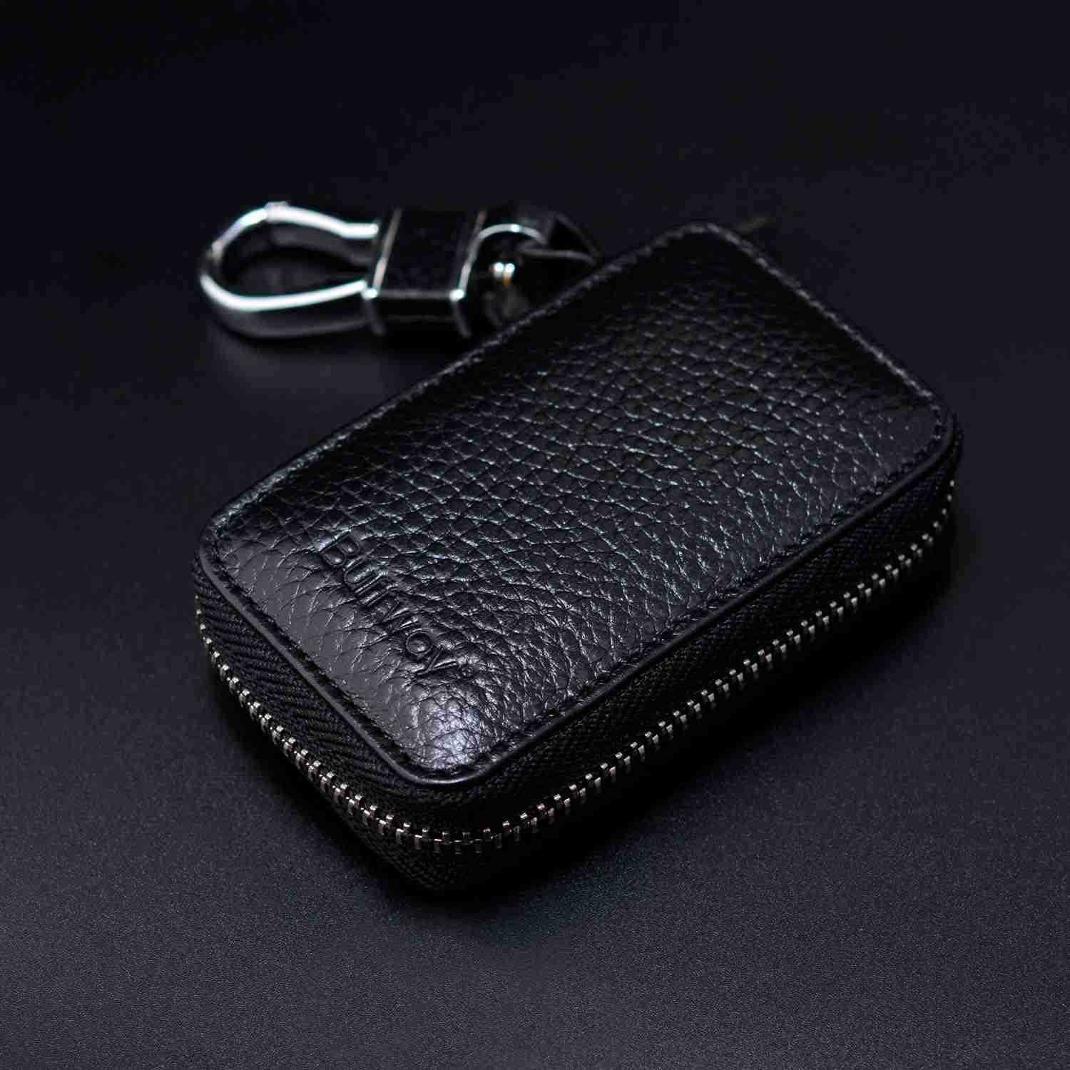 Car Key caseGenuine Leather Car Key Chain Keychain Holder Metal Hook and Keyring Zipper Bag for Remote Key Fob BlackW250911