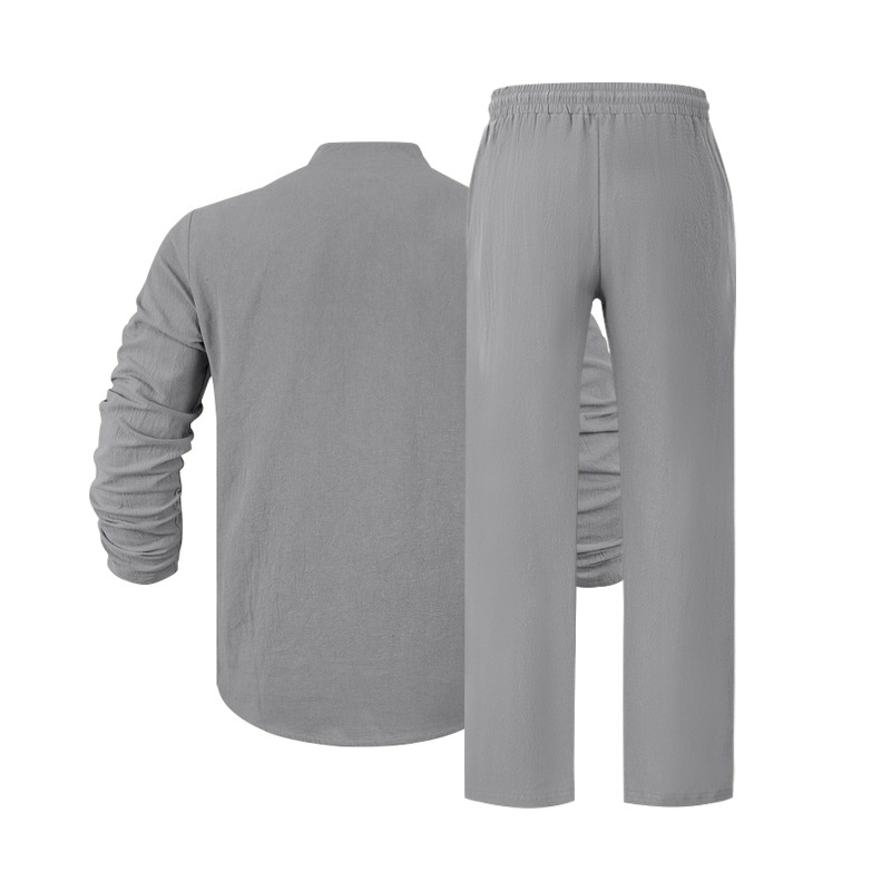 Men's Linen Lounge Set Relaxed Fit Breathable V-Neck Henley Shirt and Trousers Long Sleeve Autumn Comfort Outfit EU Size: S-3XL