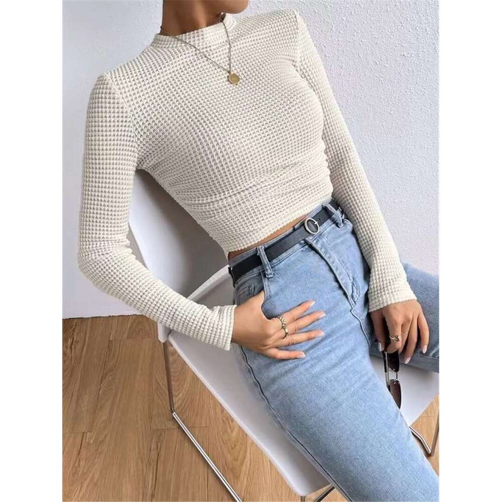 2025 Autumn Winter Slim Fit Long Sleeve Plaid Round Neck Women's T-Shirt with Ruched Detail