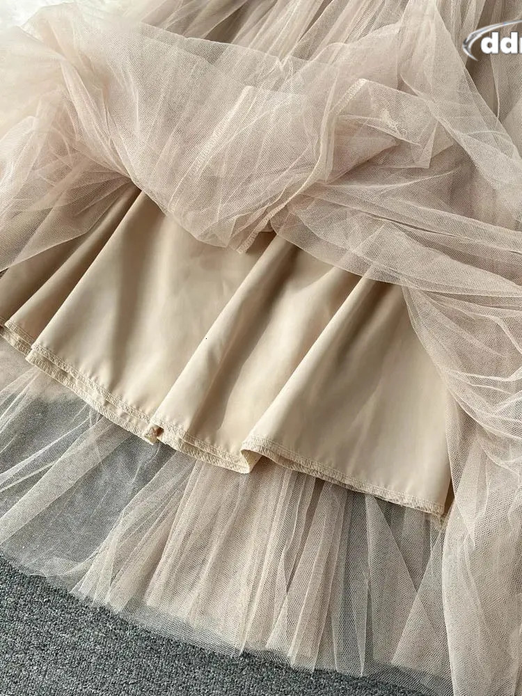 Autumn Spaghetti Strap Woolen Patchwork Mesh Tulles Midi Dress Short Tweed Jacket Coat For Women 2 Pieces Set Outfits 240708 TUES