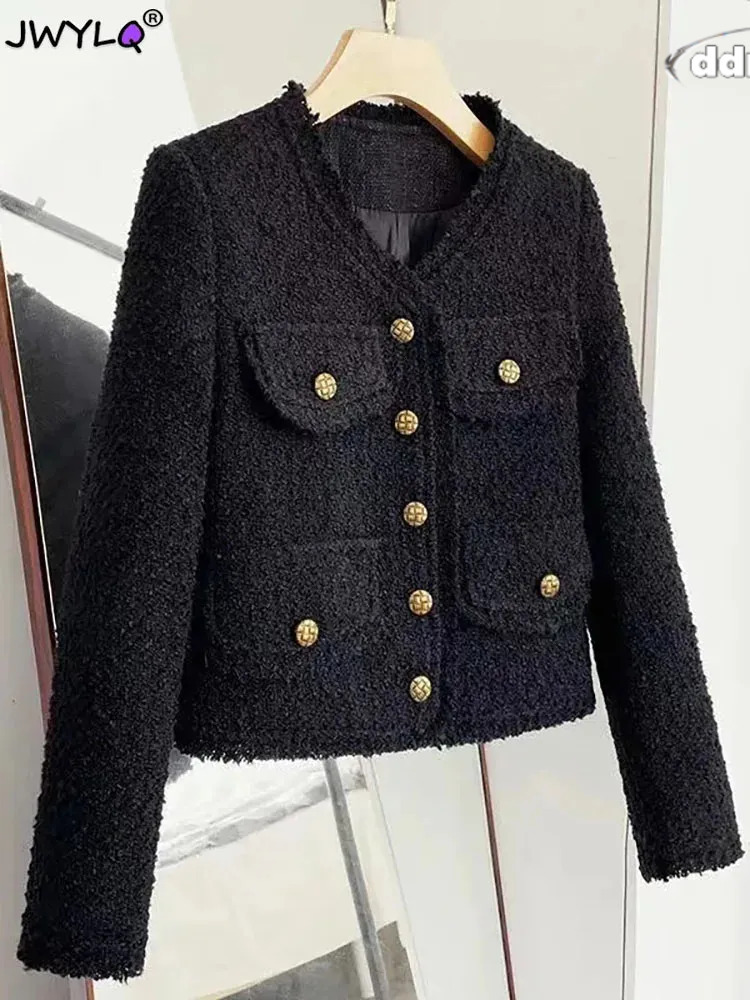 Ladies Jacket: Elegant Women's Short Tweed Jacket, Autumn Winter Woolen Cropped Black Outerwear, Slim Fit Streetwear Fashion TUES