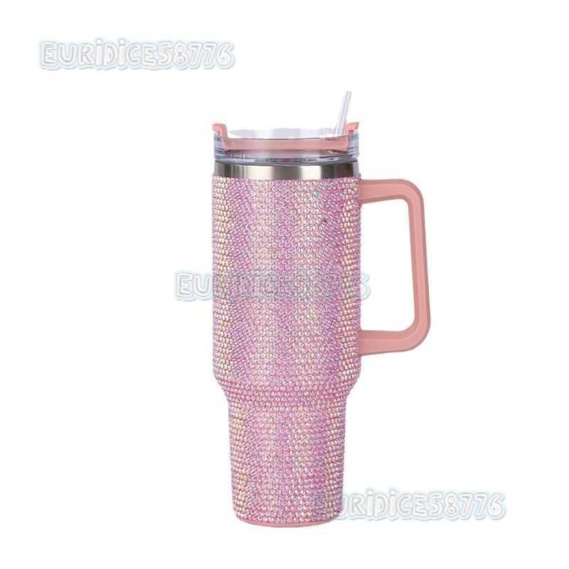 40oz Handle Cup Large Capacity 304 Stainless Steel Handmade Rhinestone Car Cup H250911
