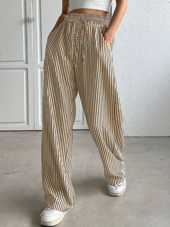 Womens Striped Wide Leg Pants High Waist Drawstring Casual Trousers with Side Pockets Straight Lounge 250911