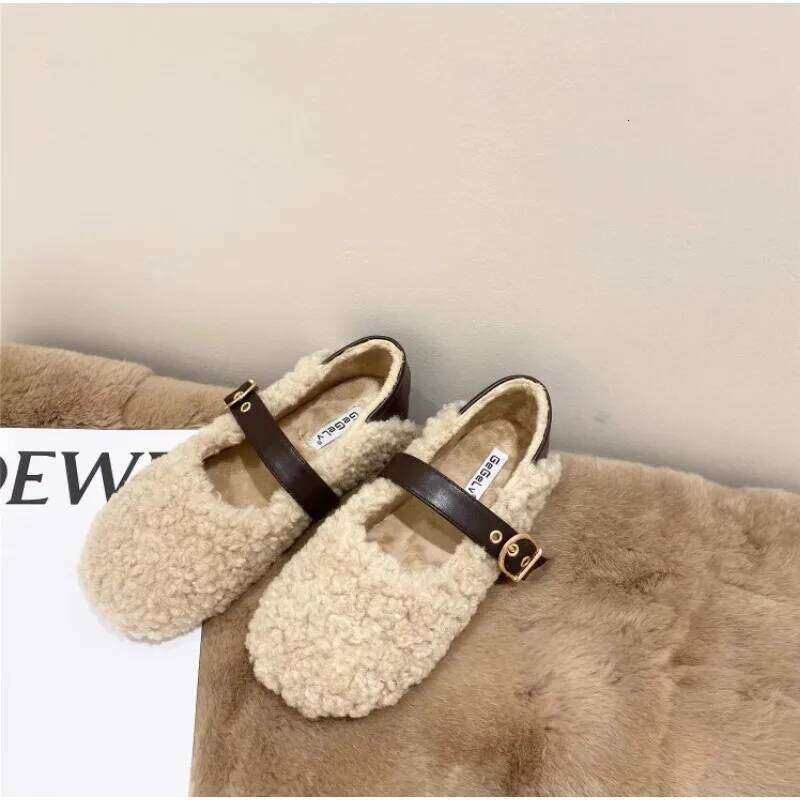 Designer Women Warm Fur Flats Vintage Fashion Shallow Belt Buckle Spring Autumn Ladies Comfort Loafers Shoes