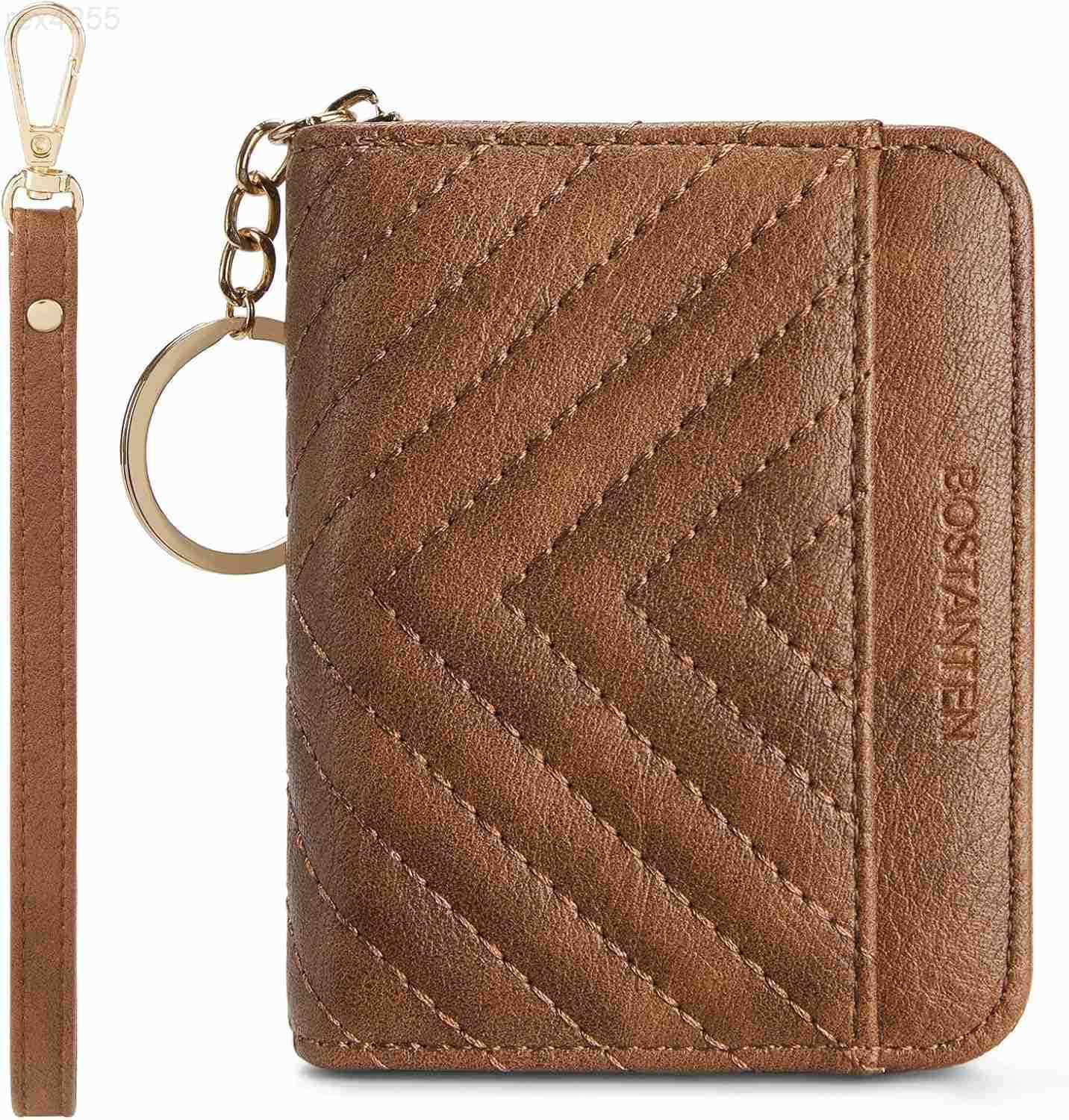 Credit Card Holder Wallet RFID Blocking Leather Small Wallet for Women Zipper Keychain Wallet with Wristlet BeigeBrownW250911