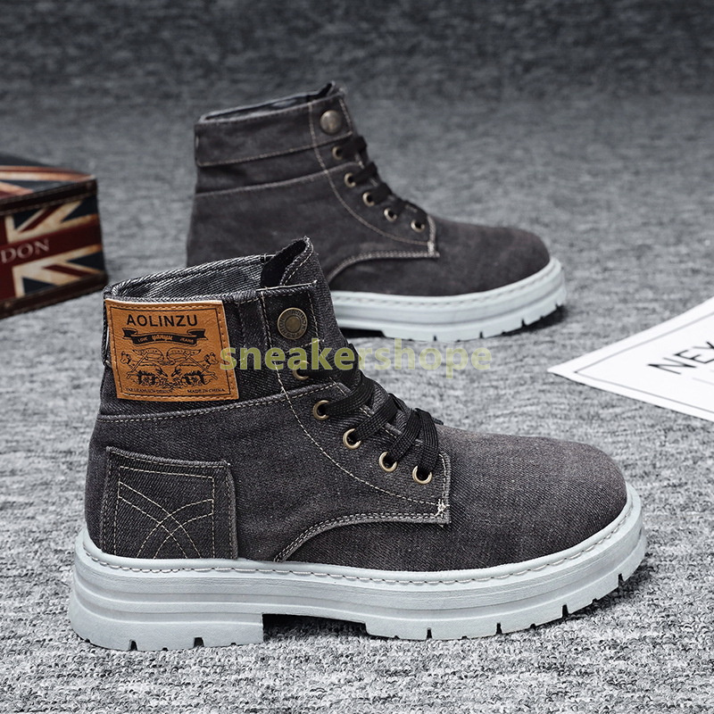 designer boots denim high-top martin boot black blue trendy style durable non-slip soles casual outdoor hiking mens boots size 39-48