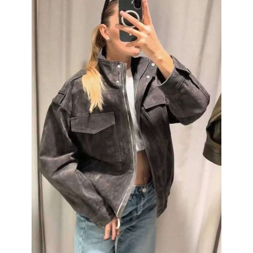 Women's Chic Zipper Bomber Coat Fashion Stand Collar Long Sleeve Pocket Female Jacket Lady 2025 Autumn Winter Casual Outerwear