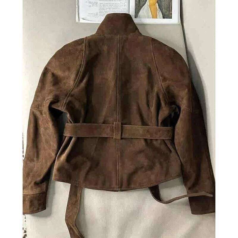 Women's Clothing Coffee Brown Suede Veet Fitted Waist Short Jacket Korean Light Mature Style Windproof Trench Coat