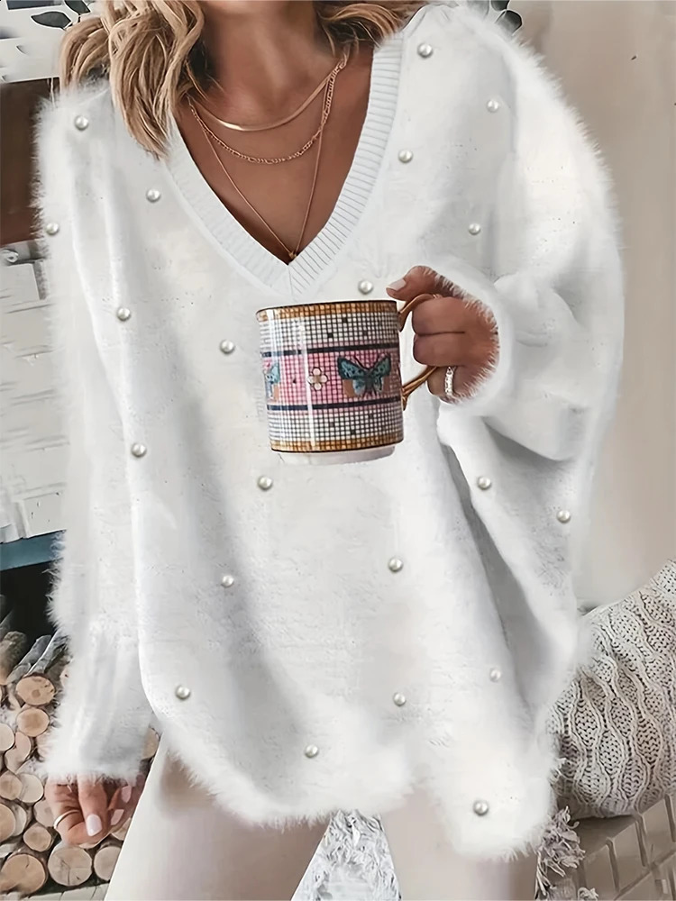 Plus Size Womens VNeck Pearl Beaded Fleece Sweater Embellished Long Sleeve Fashion Dress Aesthetic Knit Top 250911