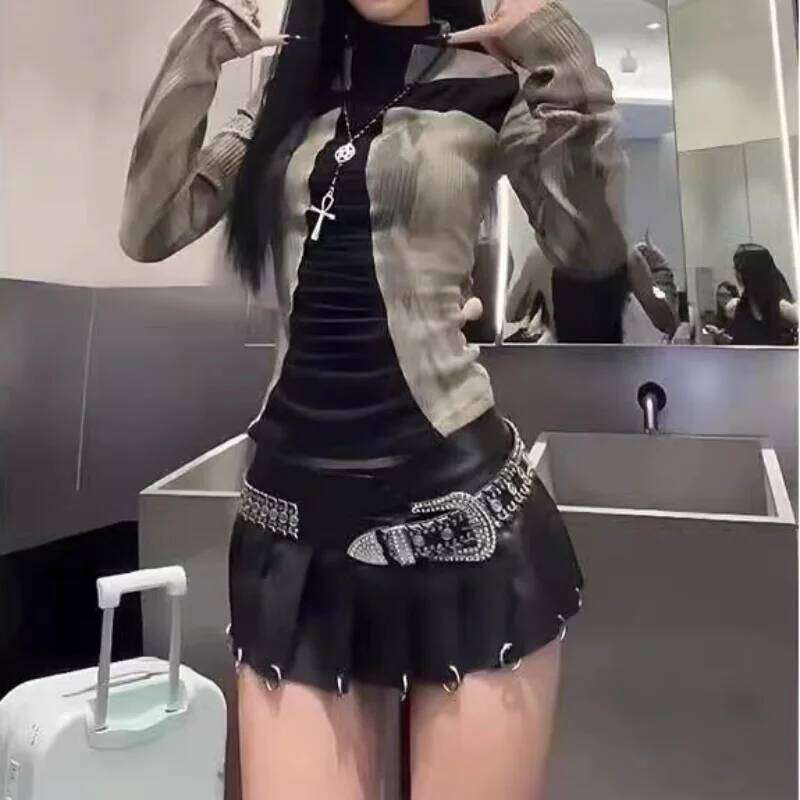 Women Y2k Clothing Ribbed Vintage Haruku Cross Print T-Shirt Grunge Aesthetic Long Sleeve Patchwork Tops Trend 2000S