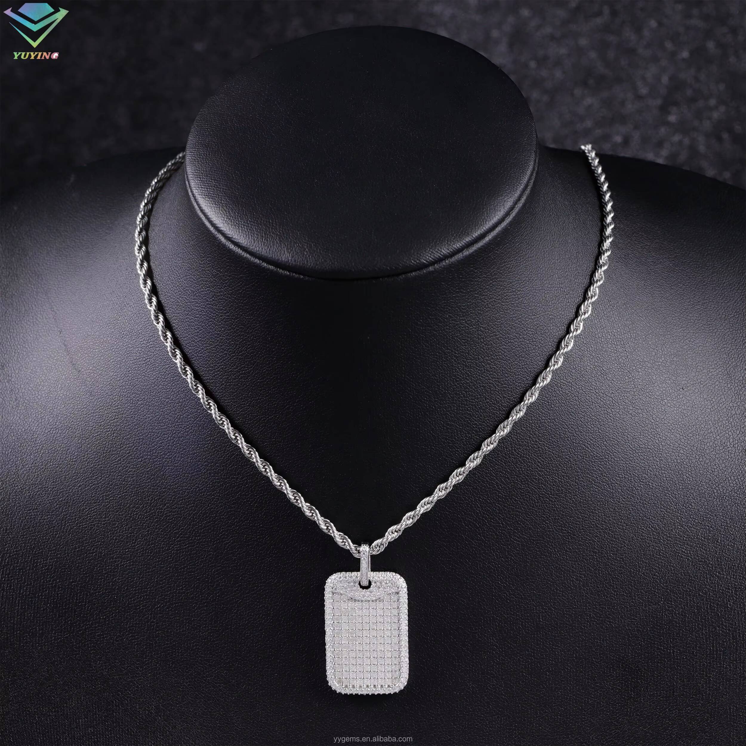 Hot Sale Tag Pendant Rope Chain White Gold Plated 925 Silver Iced Out VVS Moissanite Diamonds Hip Hop Pendant Dog Tag Necklace