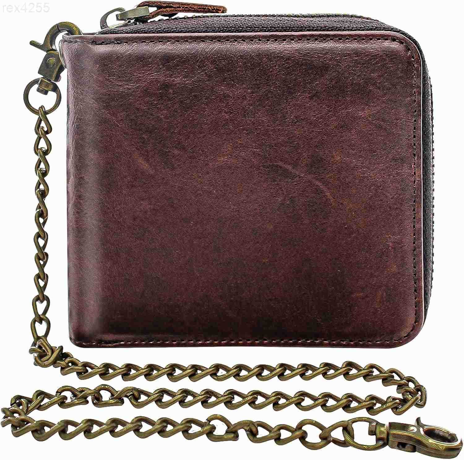 Real Leather RFID Blocking Bifold Wallets for Men Double Zipper Coin Pocket Purse with AntiTheft ChainW250911
