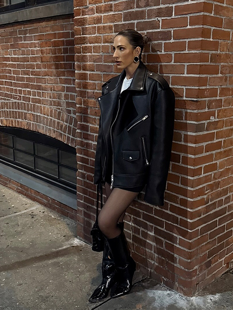 Women's Leather Outerwear Revival Lapel Zipper Coats Vintage Turn-down Collar Long Sleeve Asymmetrical Autumn Winter Jackets Chic Outerwears