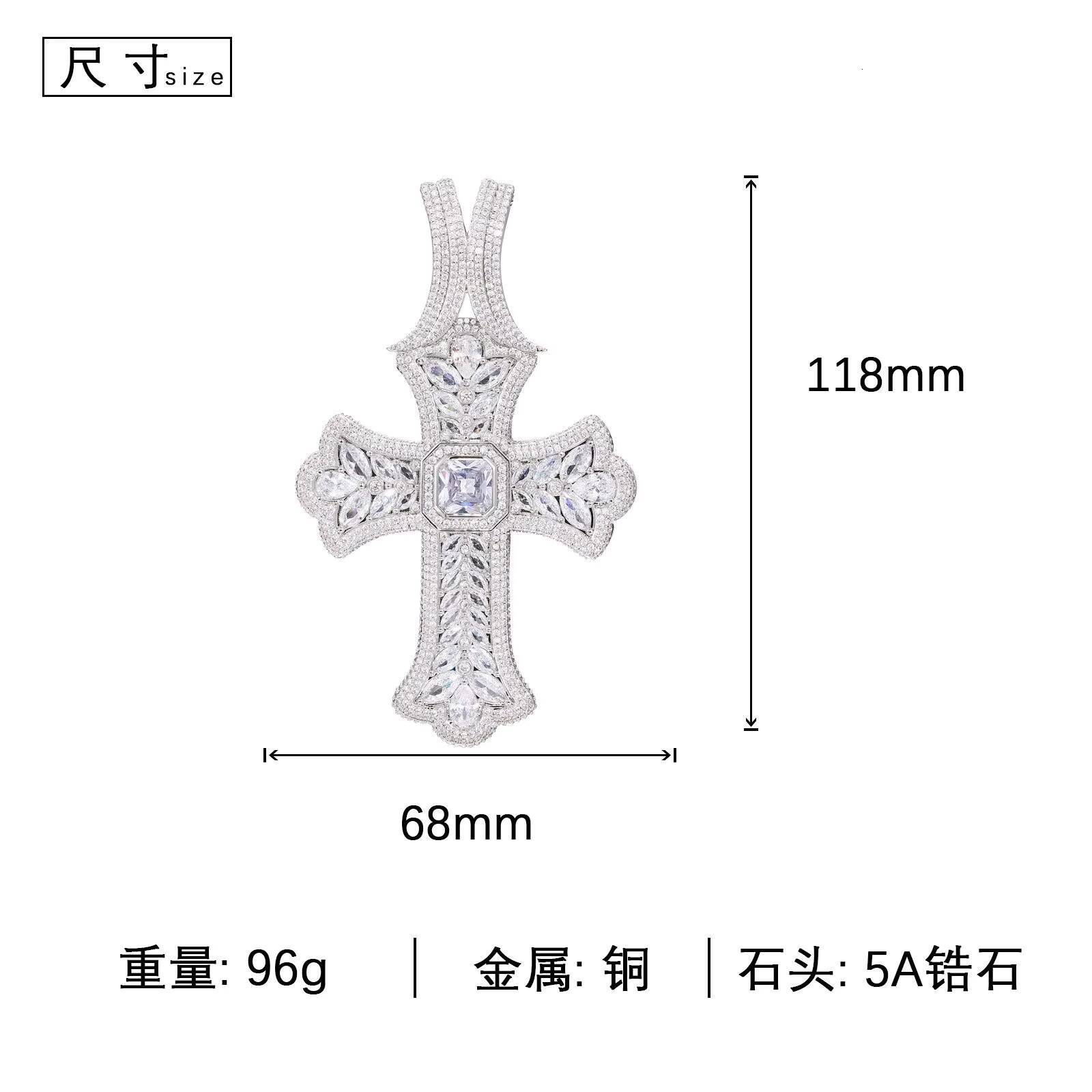 New Fashionable Mens HipHop Diamond Studded Oversized Cross Pendant Necklace Rope Chain Brass Zircon Exaggerated Accessory