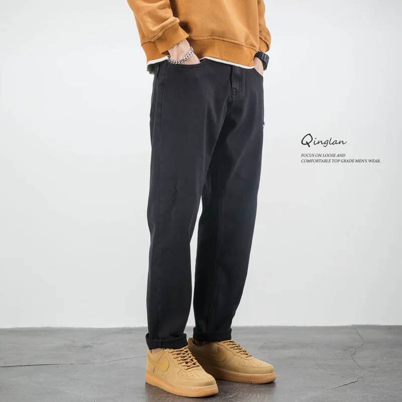 Black Jeans Men Loose Straight Casual Plus Size Autumn Tapered Stretch Pants Fall Winter Korean Style High Street Trousers