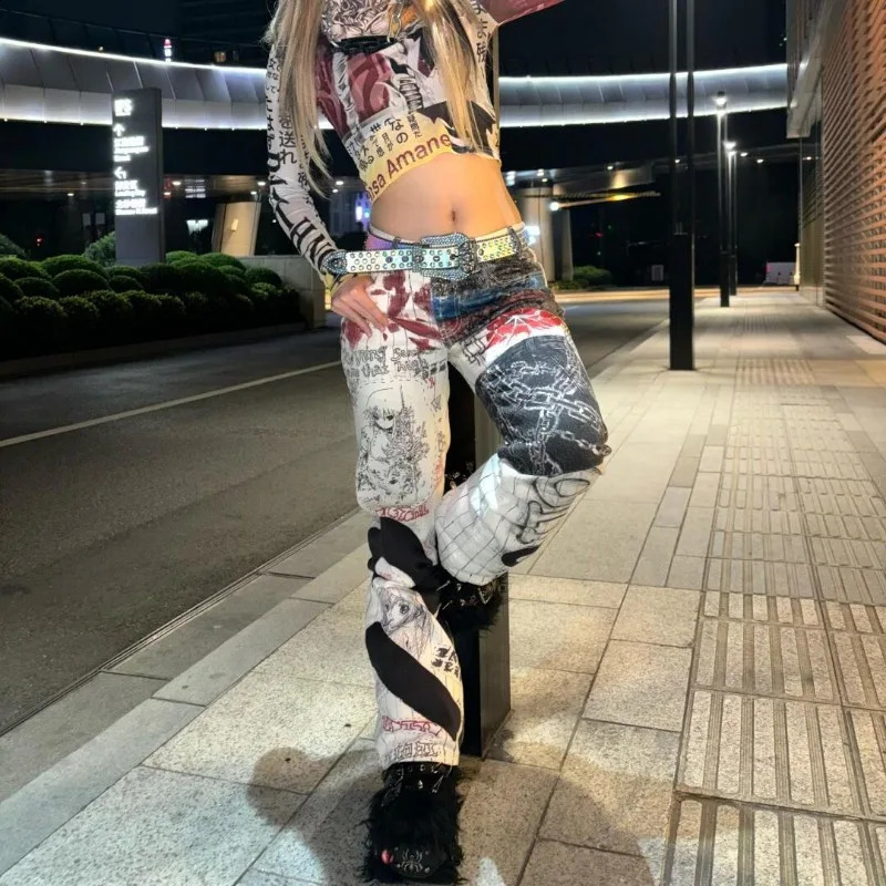Y2K High Street Retro Graffiti Printed Baggy Jeans Women Streetwear Hip Hop Loose Japanese Millennium Casual Straight 250911