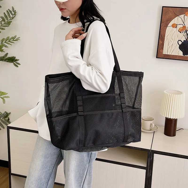 Oversized Shoulder Tote Bags For Women Mesh Fabric Hollowout Multipocket Big Capacity Shopper Beach Handbags 2024 Summer W250911