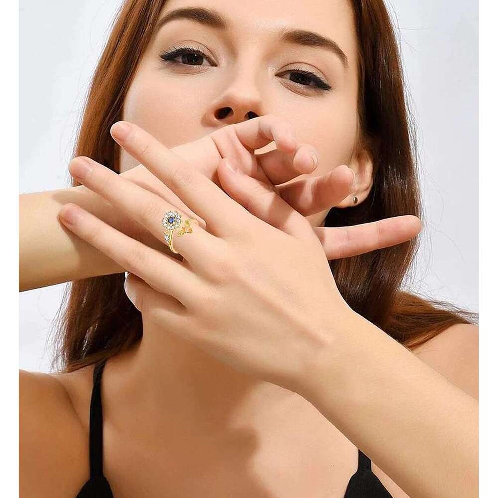 6Pcs 14K Gold Plated Women, Adjustable Spinner Ring, CZ Butterfly Bee Moon Star Fidget Rings Anxiety Stress Relief for Women