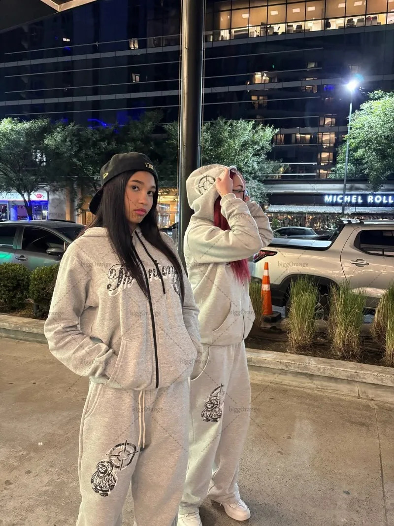 American Retro Hiphop Harajuku Oversized Zipper Sweatshirt Mens Suit Y2K Casual High Street Trendy Loose Wideleg Pants Women 250911