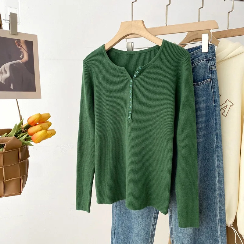 Knitted Jumper Soft Warm Pullovers Little Button Vneck Long Sleeve Sweaters Solid Multi Color Basic Slim Pullover Tops 250911