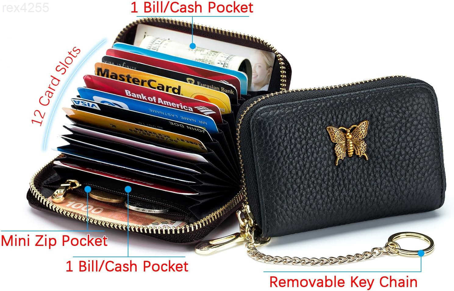 RFID Credit Card Holder for Women Genuine Leather Card Case Wallet with Zipper and Removable Keychain BlackW250911
