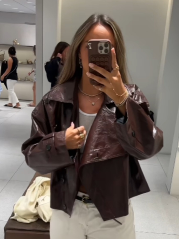 Leather Women's Jacket Burgundy Stand Collar Long Sleeve Asymmetry Button Female Coat Autumn Lady Street Locomotive Outerwear