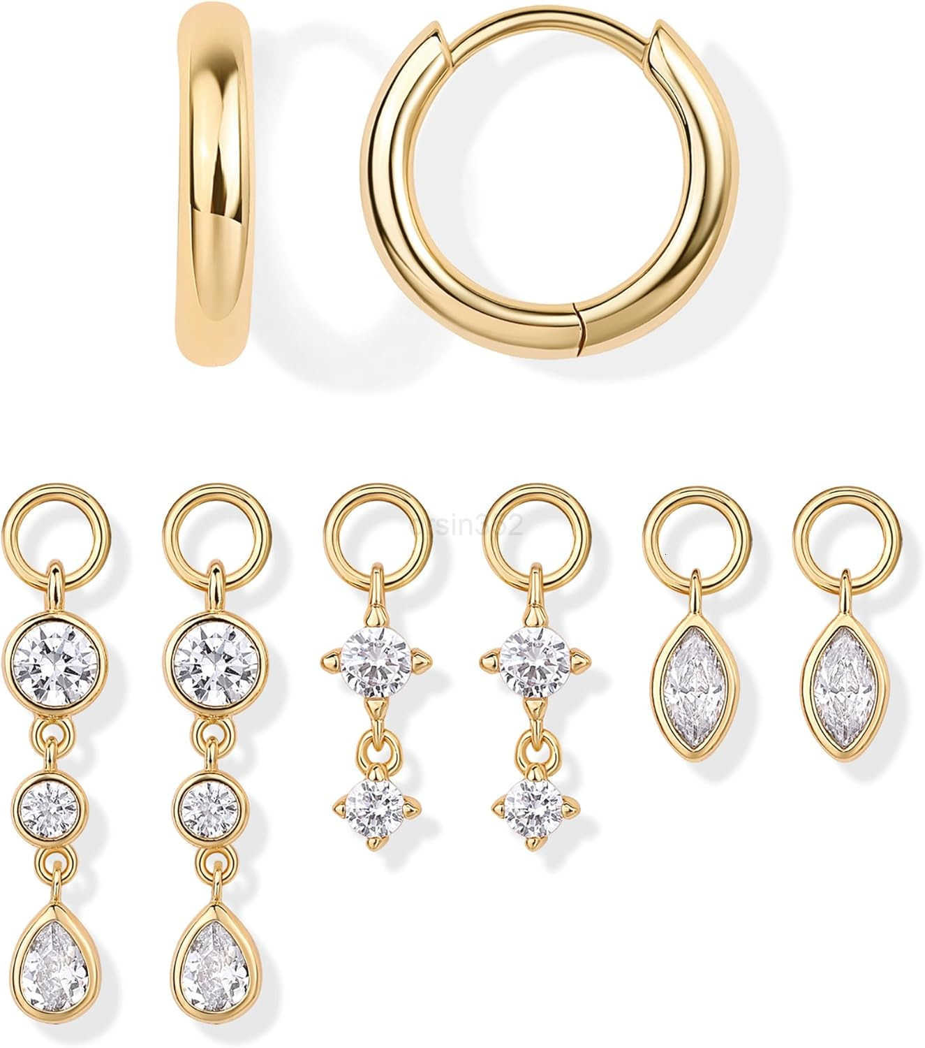 18K Gold Plated Huggie Earrings and Charm Set for Women Mix and Match Earring Pack with Cubic Zirconia Pearl Opal Star Heart Evil Eye Snake Boho Charm