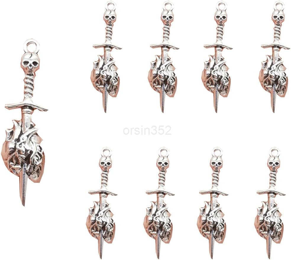 20Pcs Tibetan Devil Heart Sword Through Heart CharmsPunk Skull Sword Necklace Bulk Gothic Skull Skeleton Charms for Making Necklace Keychain s Earring