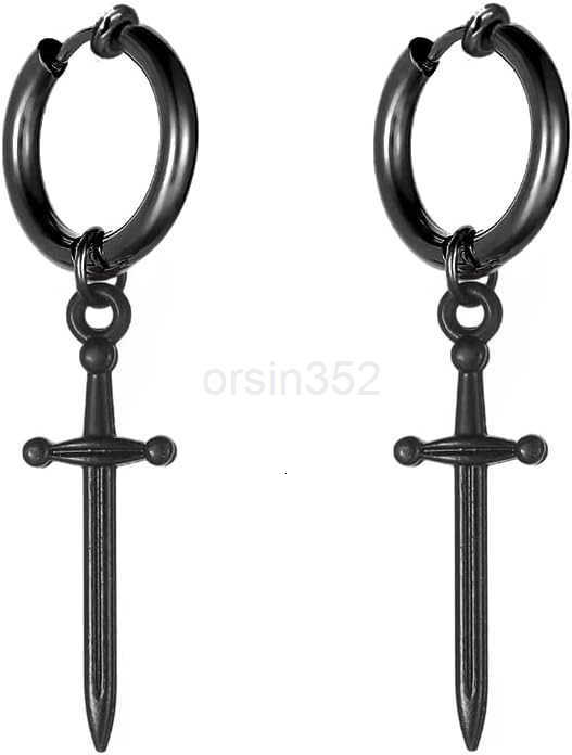 Clip on Dagger Sword Minimalist Dangle Drop Small Hoop Earrings for Men Women Boys Non Pierced Ear 316L Stainless Steel Charms Fake Huggie Hoops Carti