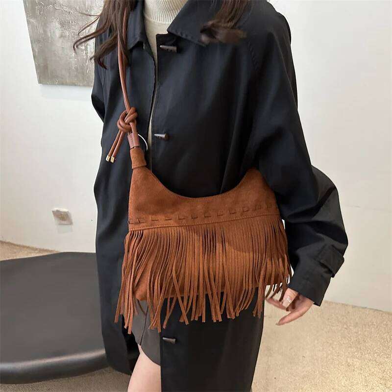 Vintage Fringe Crossbody Fashion Suede Slouchy Trendy Tassel Underarm Bag For Women Work Shopping Travel Winter Fall