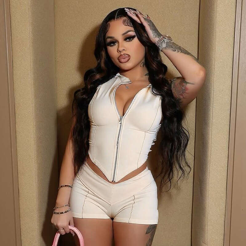 Women's Spring Summer Zipper Lapel Sleeveless Line Casual Sexy Crop Top High Waist Tight Shorts Set