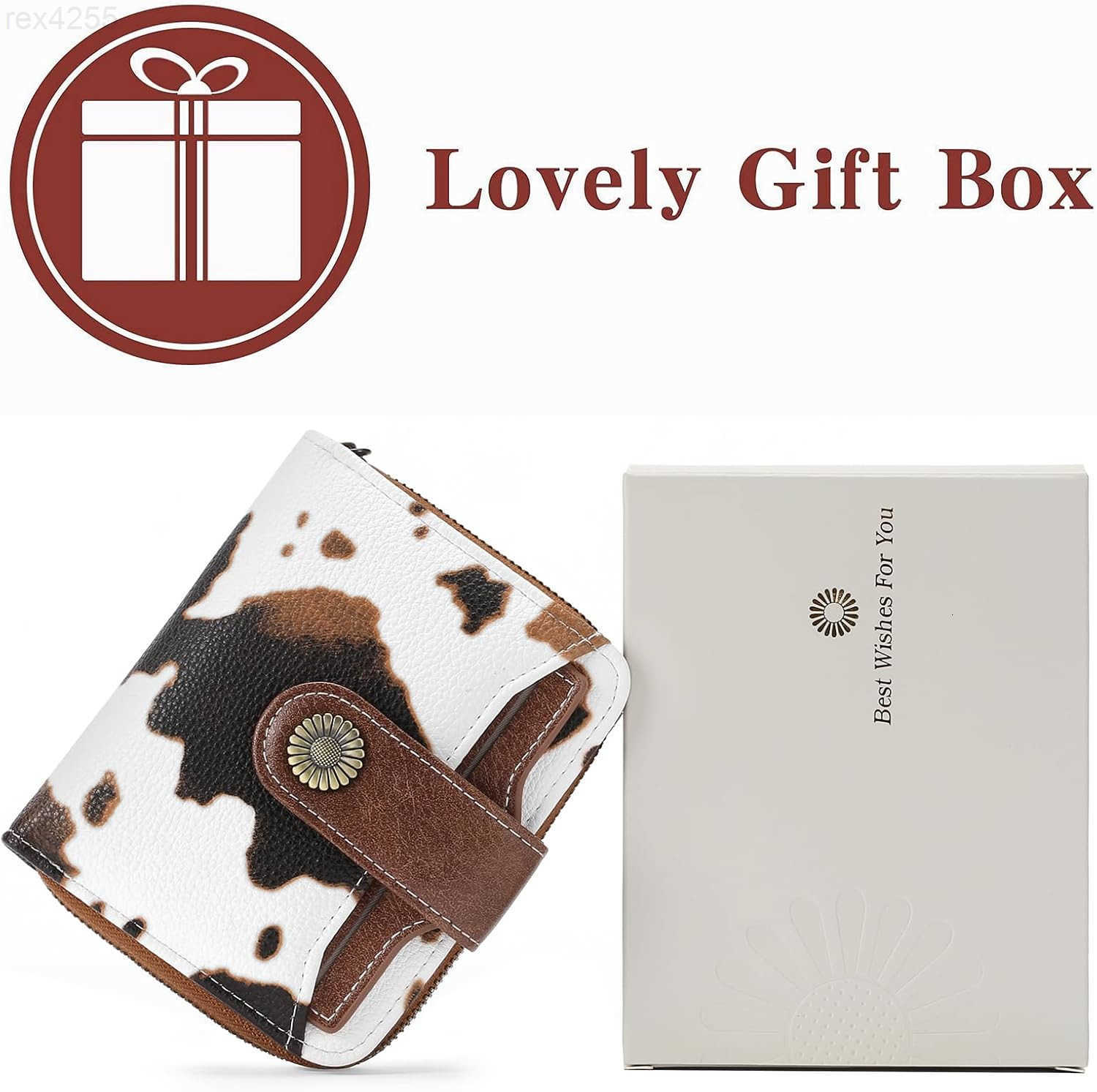 Wallet for Women Leather Small RFID Blocking Bifold Zipper Pocket Card Holder with ID Window Cow Print BrownW250911