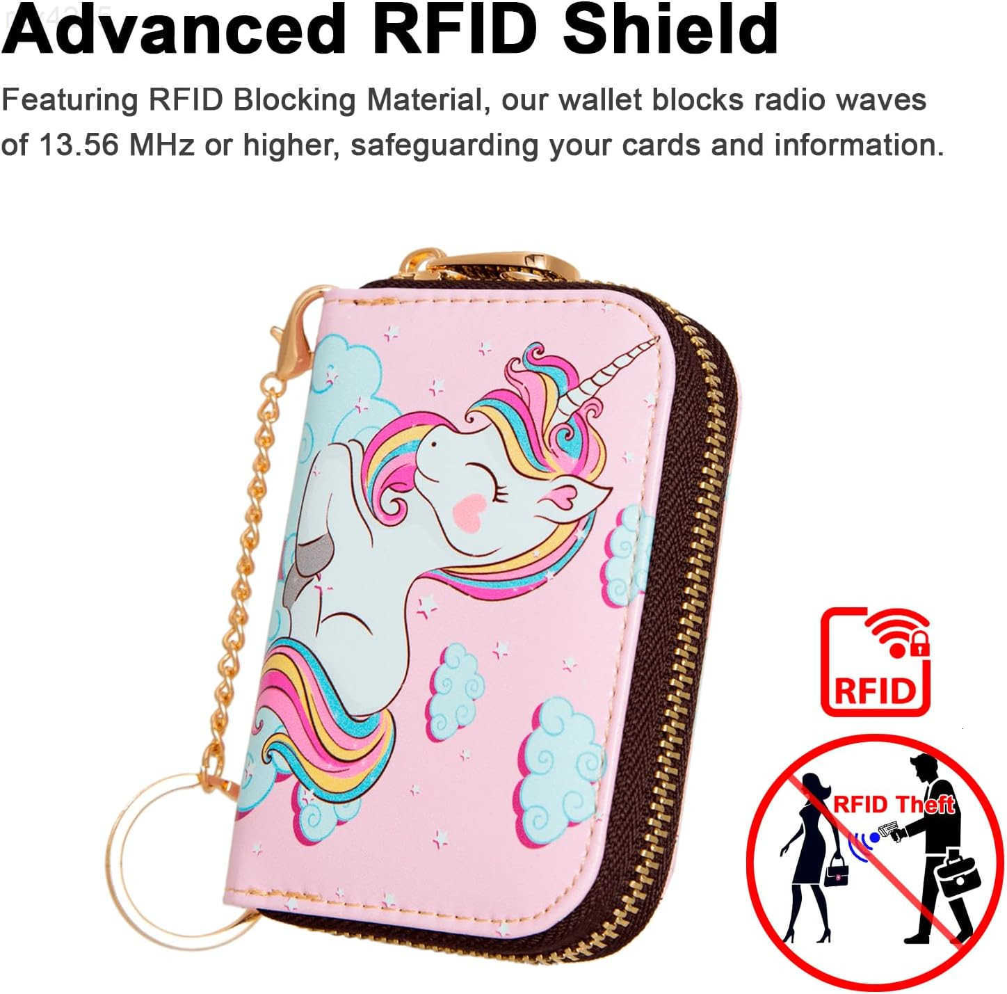 Credit Card Holder RFID Blocking Wallet for Women Small Slim Leather Wallets with Keychain Zipper Business Cards Case Cute Unicorn PinkW250911