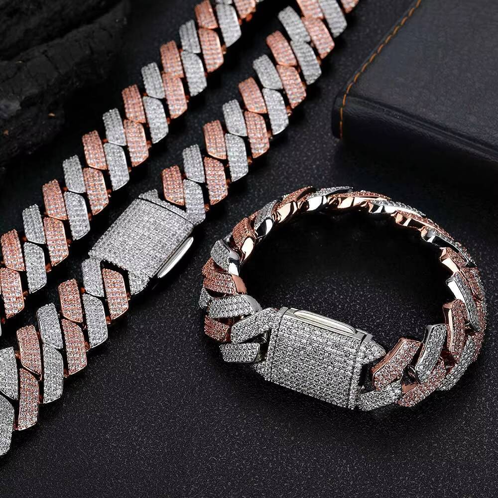 NUOYA Wholesale Rose Gold Plated 20mm Iced Out Cuban Chain Necklace with Box Clasp for Men Women Hip Hop Jewelry Cuban Chain