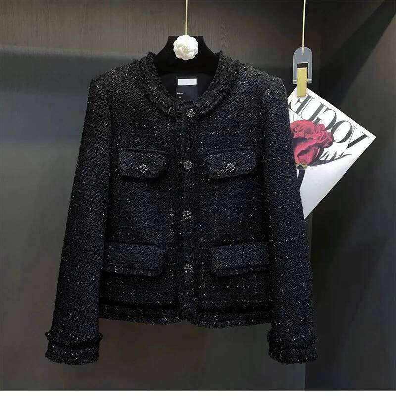 Black Jacket Women's Shiny Silk Cotton Autumn And Winter New French Socialite High-End Feeling Coarse Floral Wool Coat