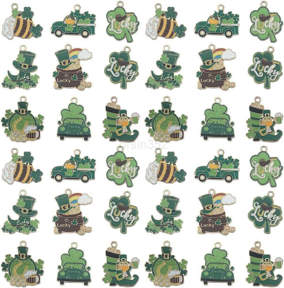 18pcs Alloy enamel green Irish Festival St Patricks Day clover carriage beer glass Jewelry Making DIY Keychain Earrings Pendant Various Design Charms 