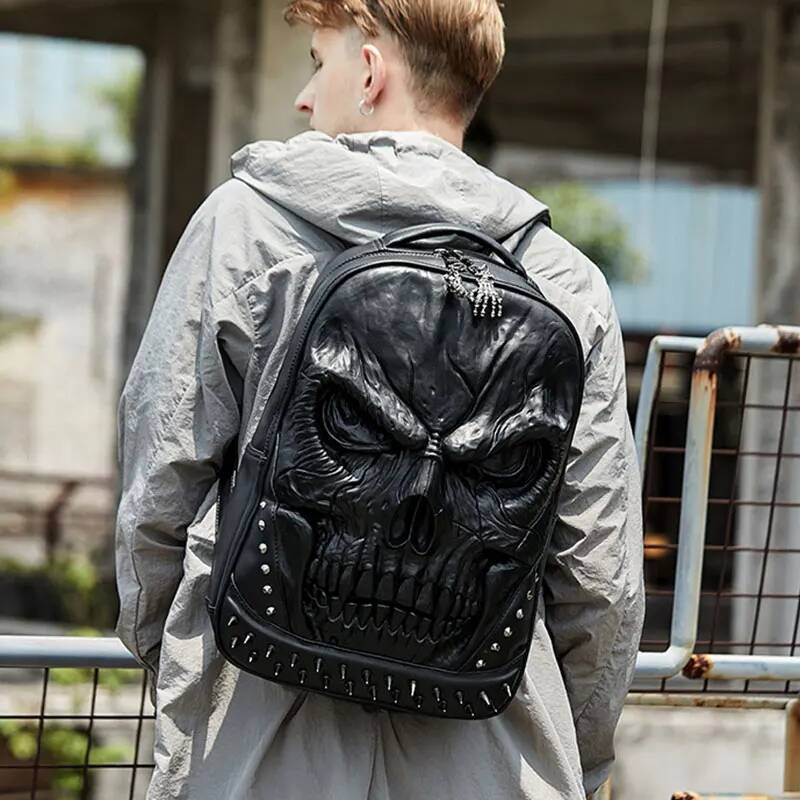 3D Skull Backpack Men Steampunk Gothic Rivet Bagpacks PU Leather Unique Originality Men's Travel Bagpack Trend Laptop Bag high-quality