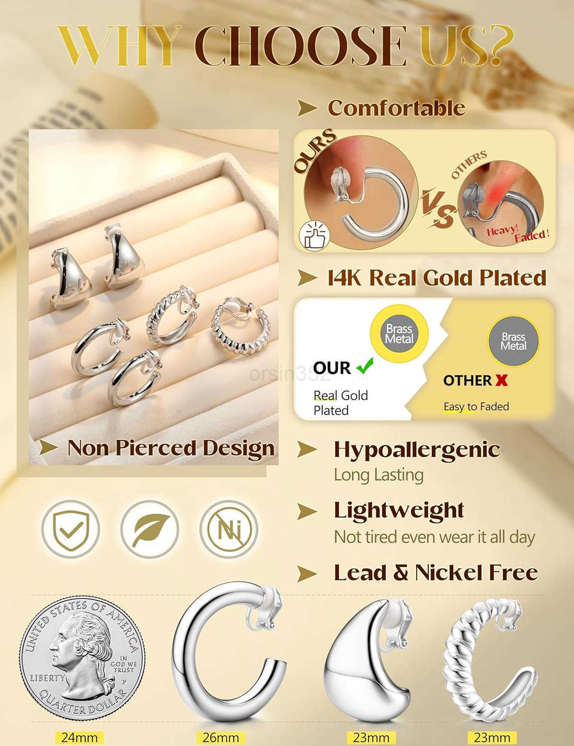 9 Pairs Gold Clip on Earrings for Women 14K Gold Plated Waterdrop Chunky Clip on Hoop Earrings No Piercing Fake Earrings SetW250911