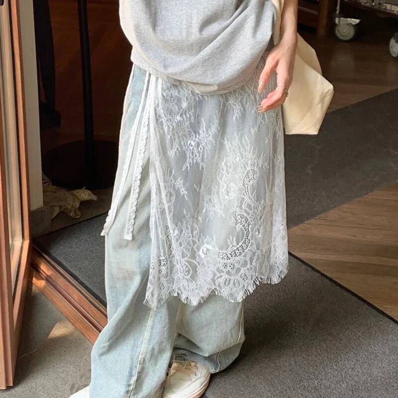 Midi Skirts Women Lace Drawstring Design Elegant Korean Style Spring Summer A-line High Waist Irregular Side Slit Fashion Street dongdumaoyi