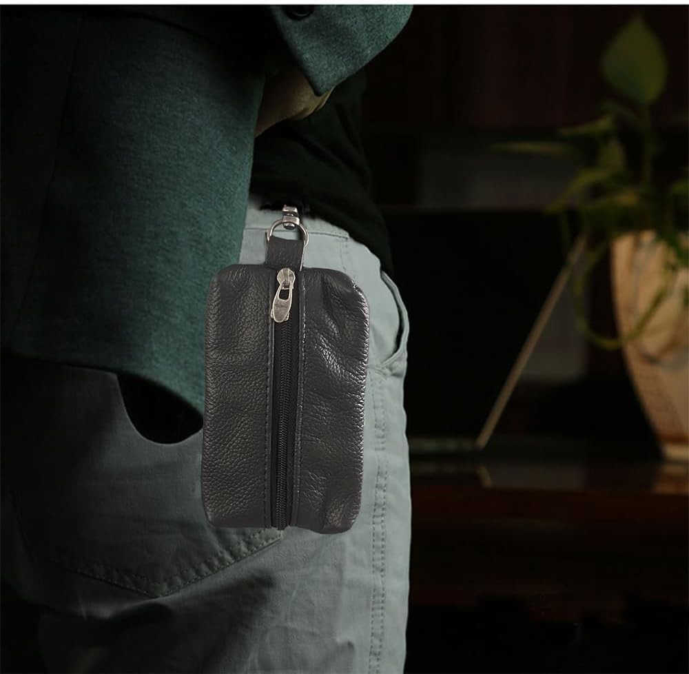 Unisex Genuine Leather Key Case Wallet Pouch Bag Keychain Holder with Key Ring Zipper BlackW250911