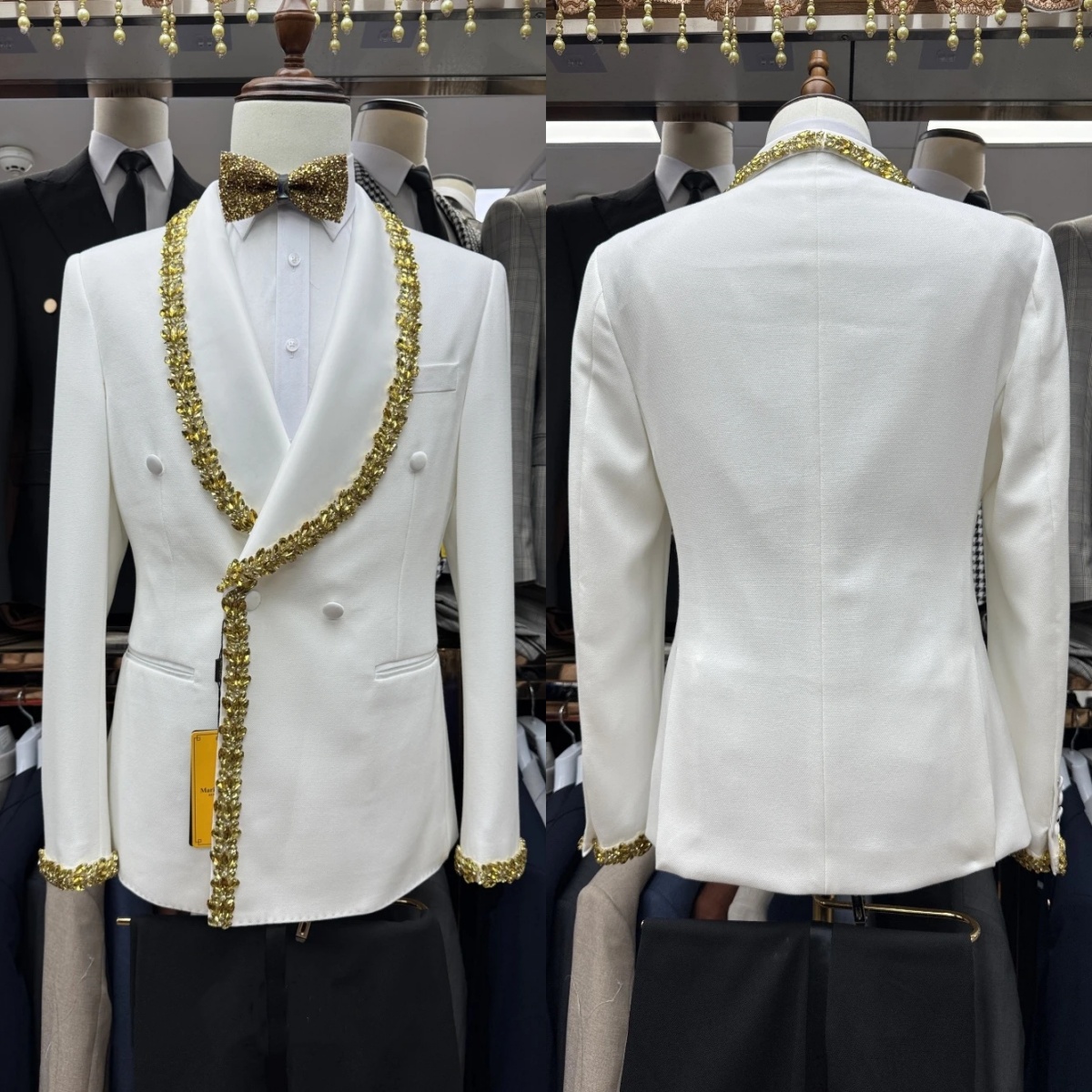 Elegant Men's Suit Shawl Lapel Tailor-Made 2 Pieces Set Jacket Crystal Blazer Double Breasted Groom Customized Coat Black Pants Plus Size