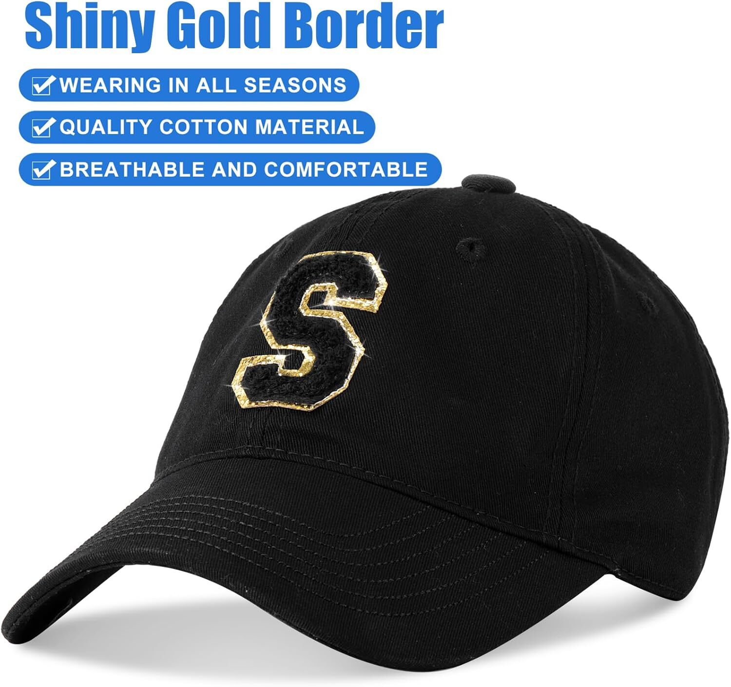 Shiny Letter Initial.s Unstructured Cotton Black Baseball Cap for Women, Adjustable Dad Hat