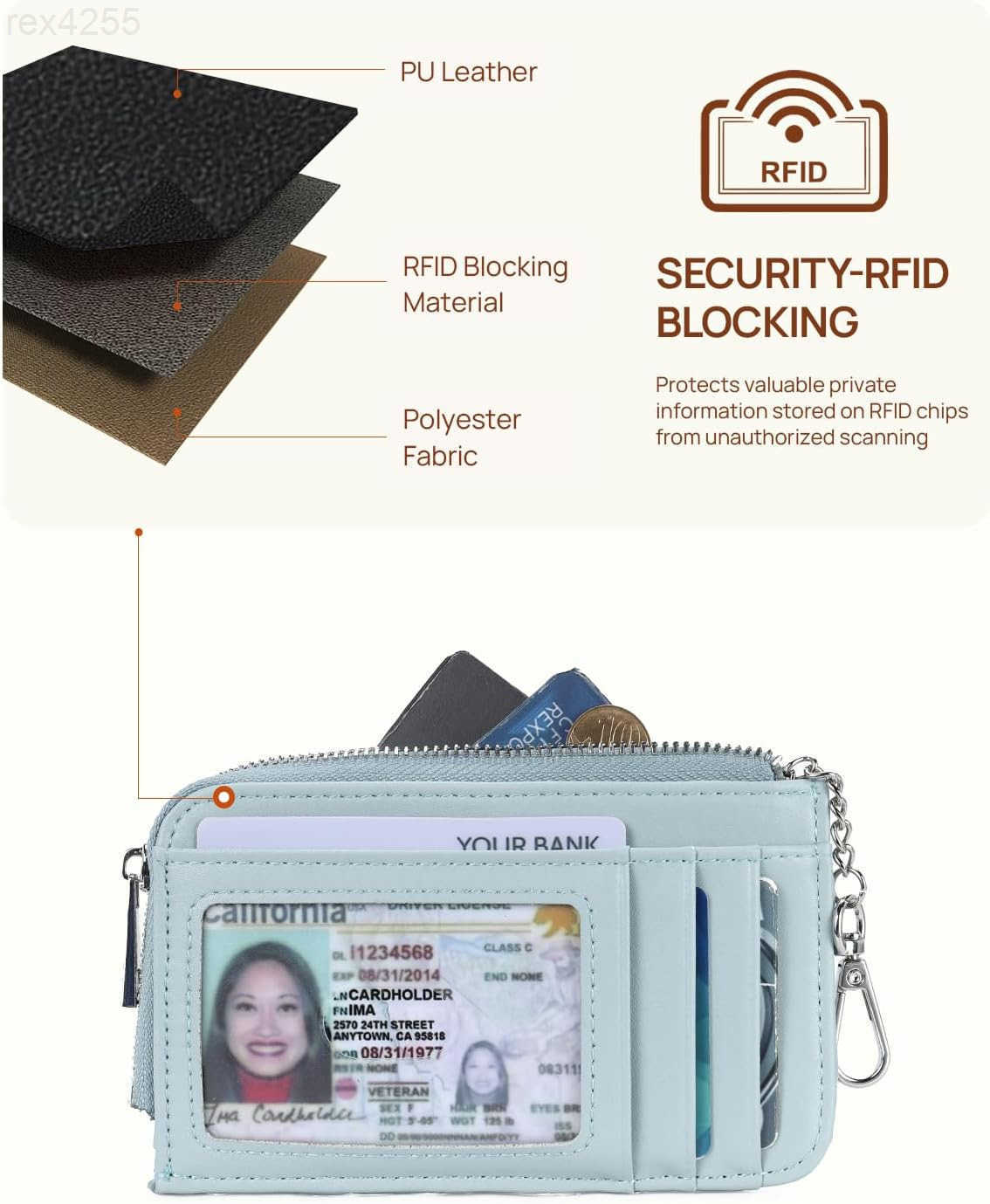Slim Wallet Women RFID Blocking Credit Card Holder Leather Coin Purse with Silver Keychain BlueW250911
