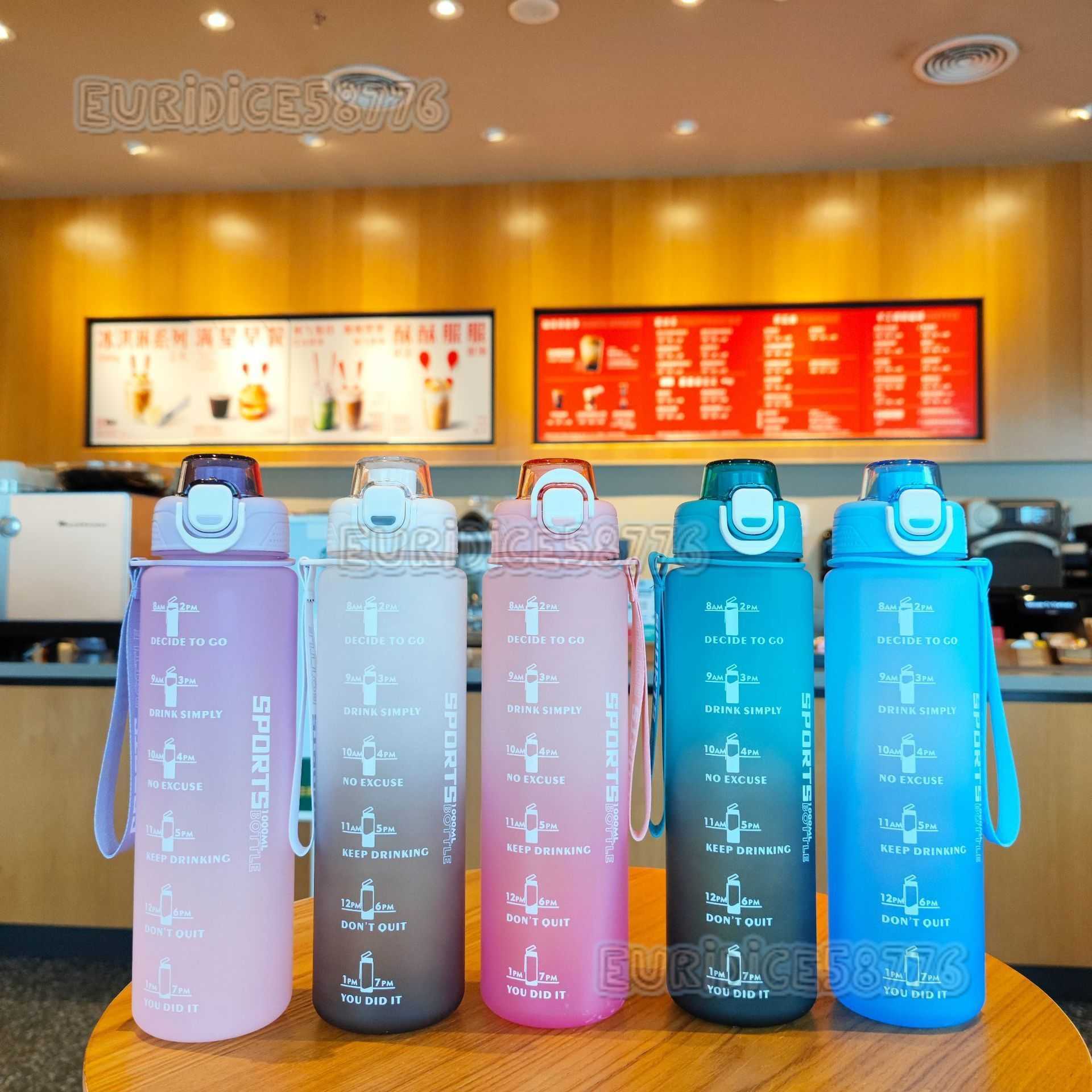 Plastic Water Cups 1000ml Direct Drinking Gradient Color Frosted Portable Strap Sports Fitness Water Bottle H250911