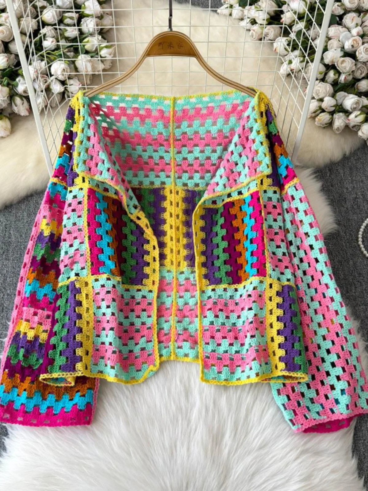 Multicolor Crochet Cardigan Women Sheer Openwork Patchwork Knit Open Front Sweater Jacket Boho Beach Vacation Festival Outfit 250910