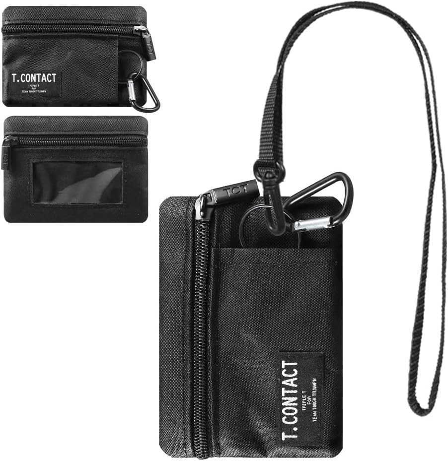 Slim RFID Blocking Zippered Lanyard Wallet Compact ID Holder Coin Purse for Men Women and Kids Lightweight Keychain Card Case with 2 Zippered Pockets 