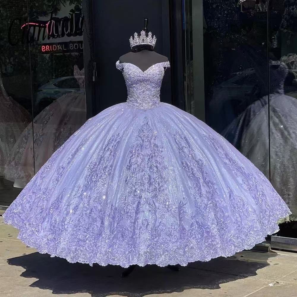 Lilac Off The Shoulder Lace Quinceanera Dresses Ball Gown Appliques Beaded Lace Up Corset 15 16 Birthday Prom Party Gown Vestidos De 15 Anos BQ23