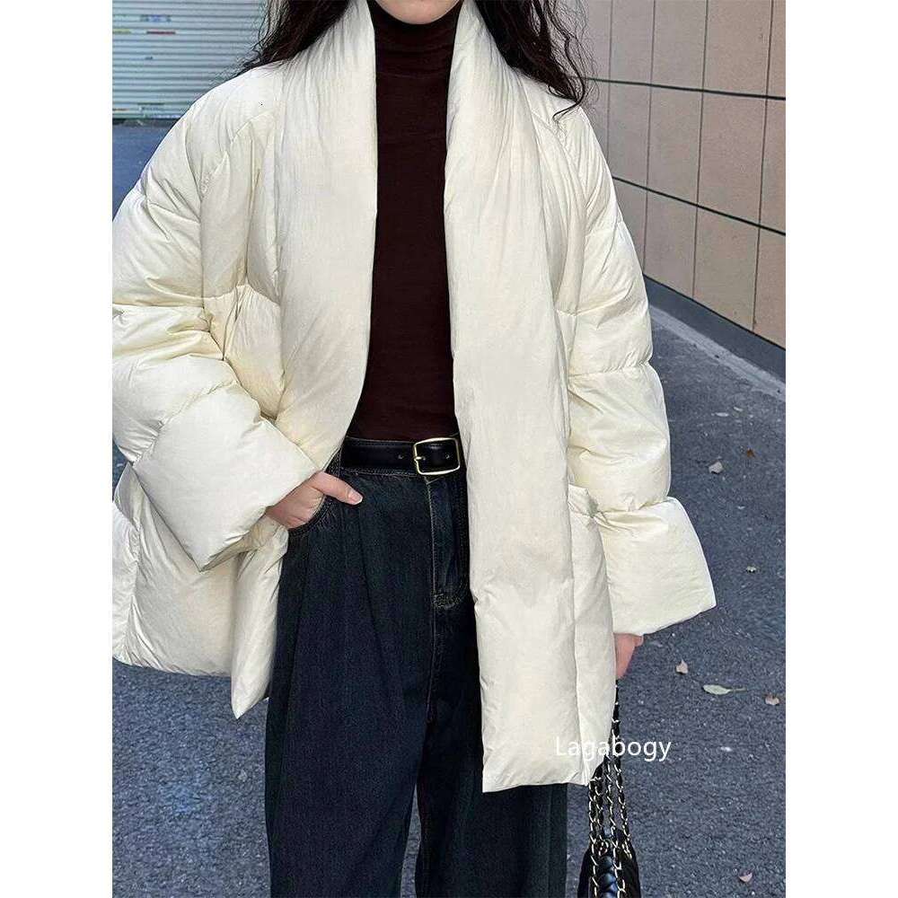 Lagabogy 2025 Winter Belt Waist-Tight Elegant Warm 90% White Duck Down Jacket Female Long Sleeve Solid Color V-Neck Puffer Coat