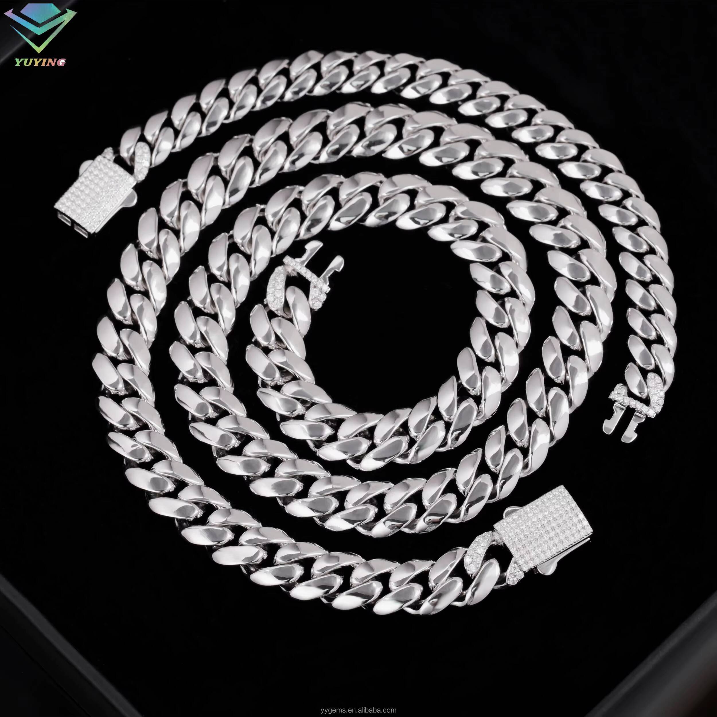 Spring/Snap Clasp White Gold Plated 8/10/13MM Miami Cuban Link Solid 925 Silver Plain Chain Moissanite Lock Cuban Chain Necklace