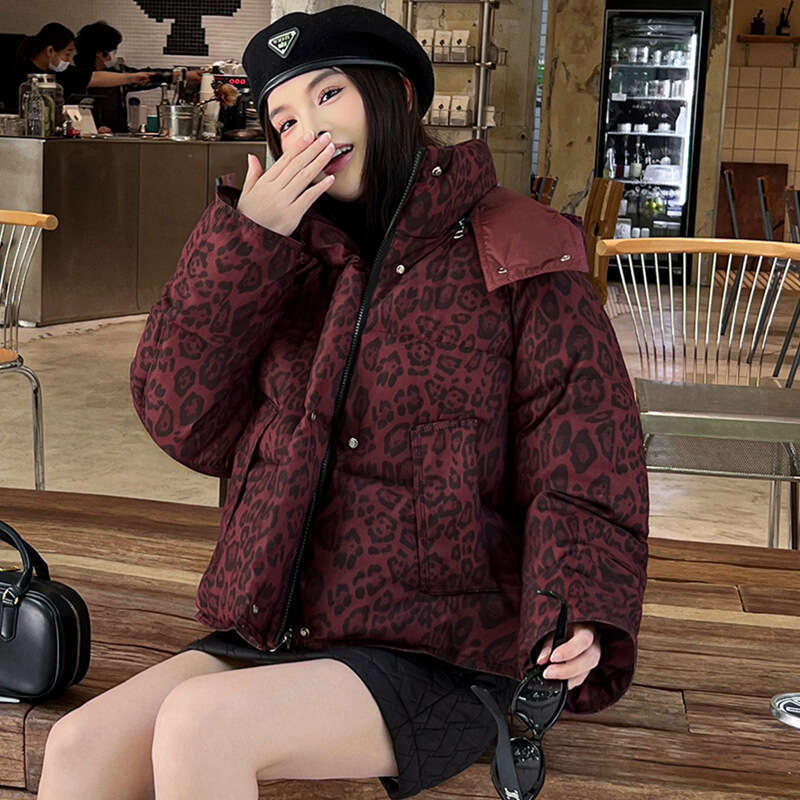 Short Leopard Print Jacket for Women with Hood, Simple Fashion Design, Loose Fit, Unique Cotton Coat